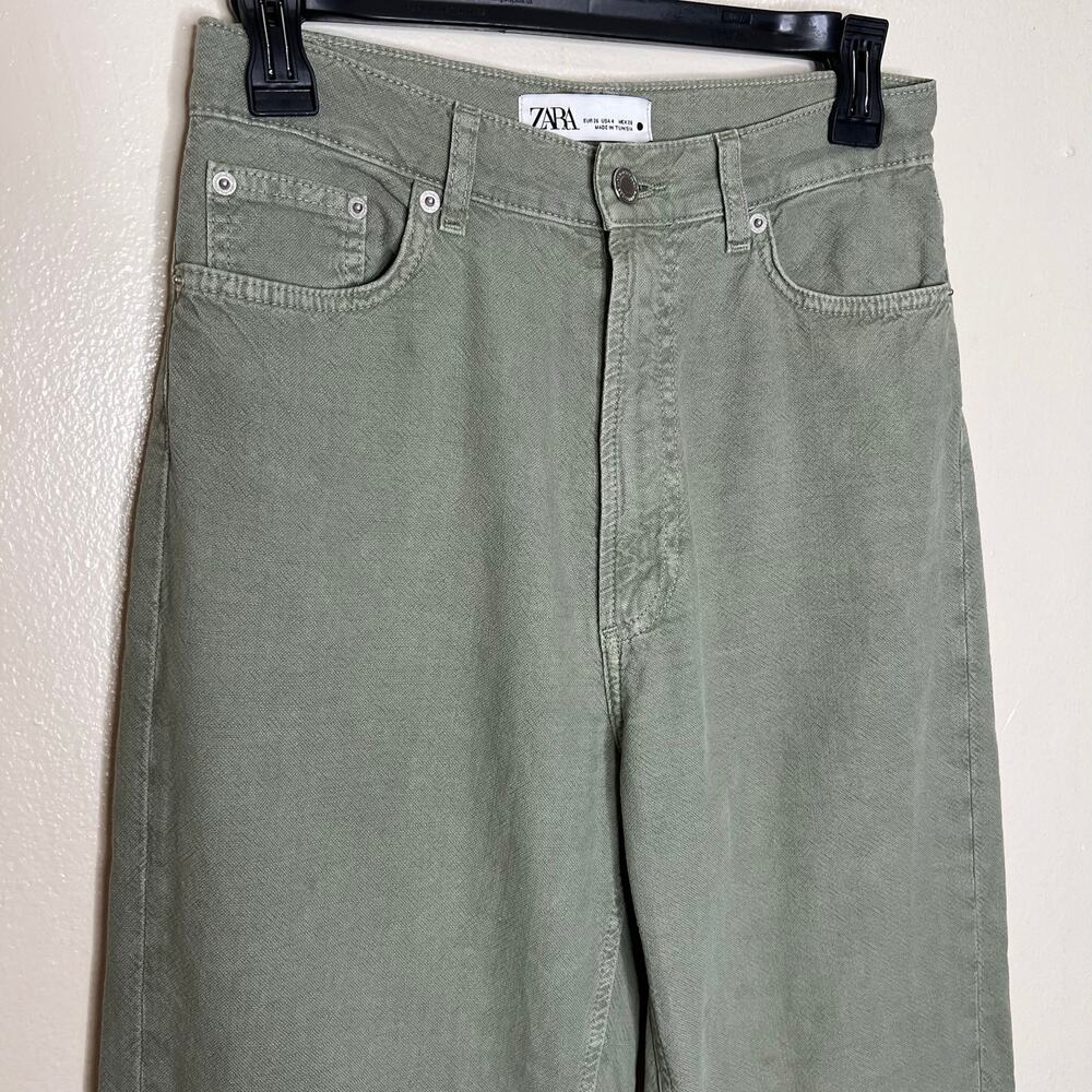 Zara Balloon Jeans 4 Women Green High Waist Ankle Crop 100% Cotton Casual Trendy - Picture 6 of 8